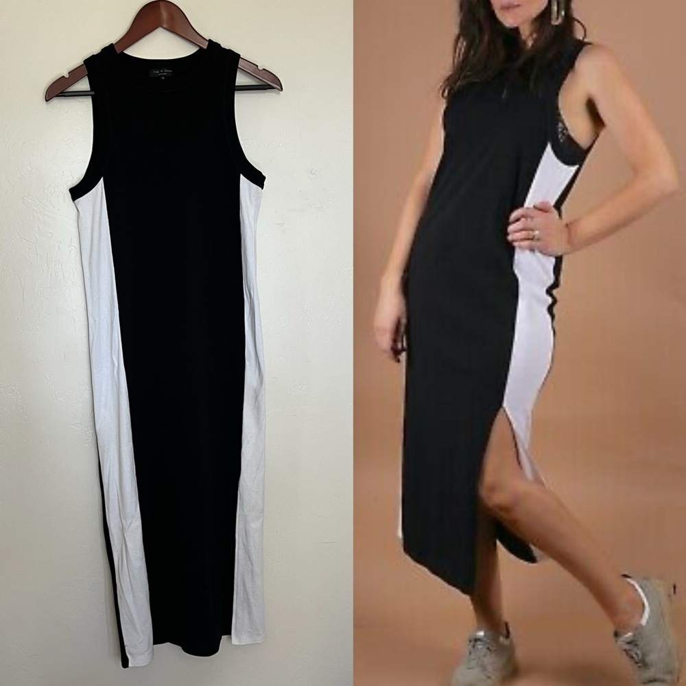 Rag & Bone Sam Black White Colorblock High Neck Sheath Knit Midi Dress